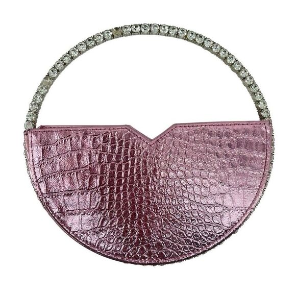 Akira Label Metallic Pink Mini Glam Bag Croc Embossed Rhinestone Handle - Picture 3 of 16